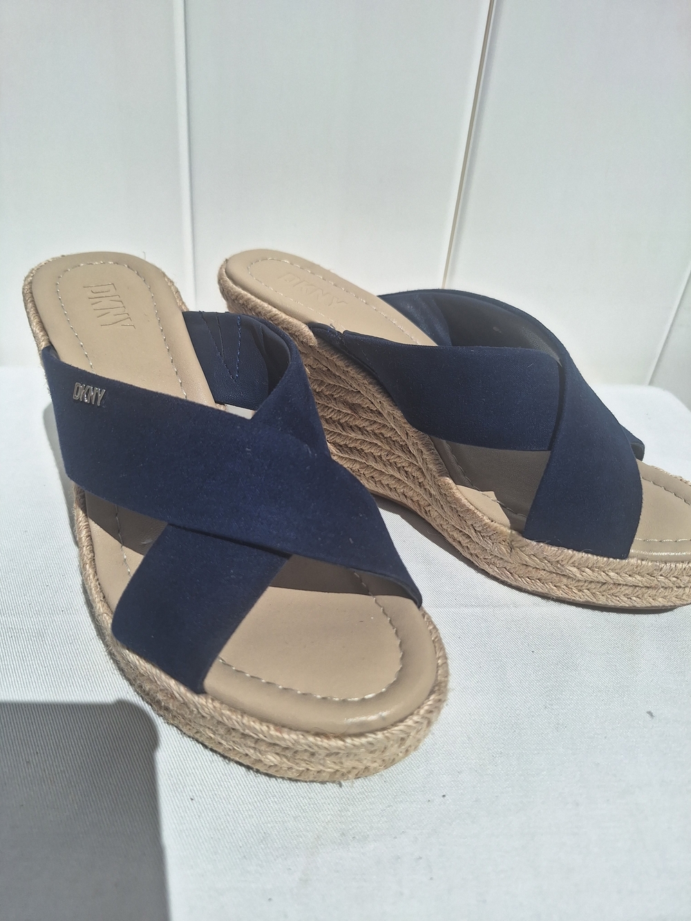 DKNY Navy Crisscross Espadrille Wedge Sandals